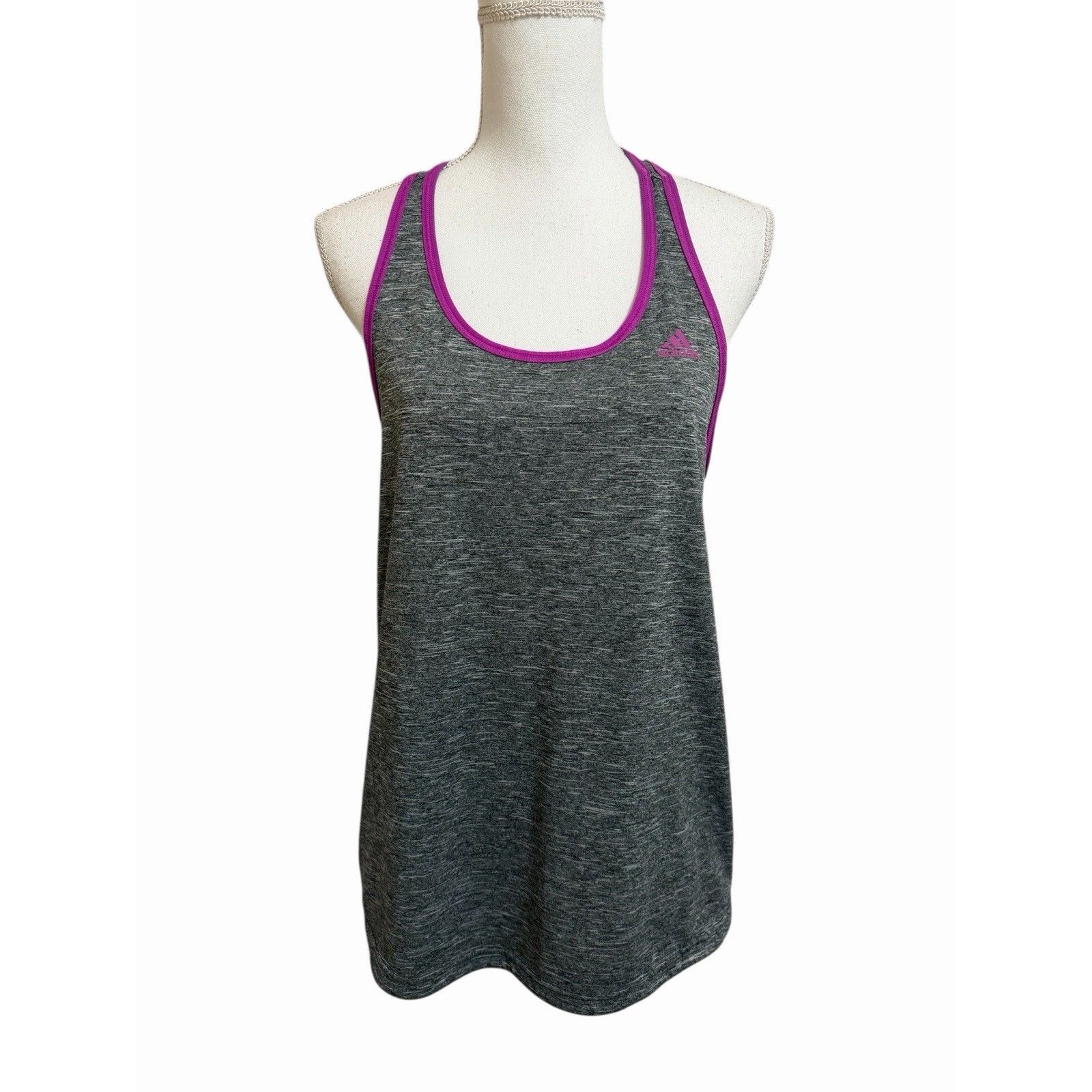 Adidas Women's L Climalite Racerback Tank Top Heather Gray Magneta Trim Large